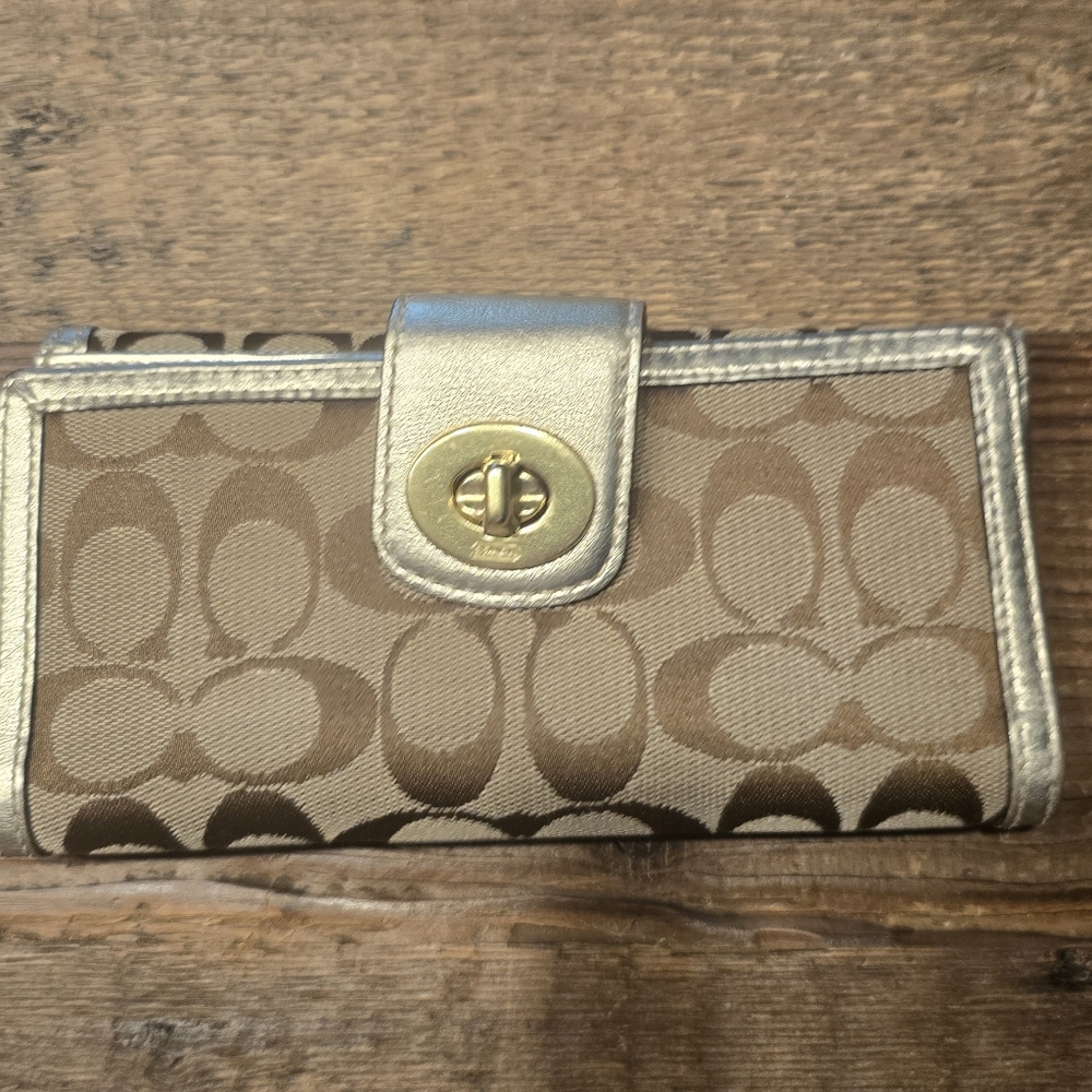 Coach Tan and Gold Long Signature Womans Wallet Turn Lock